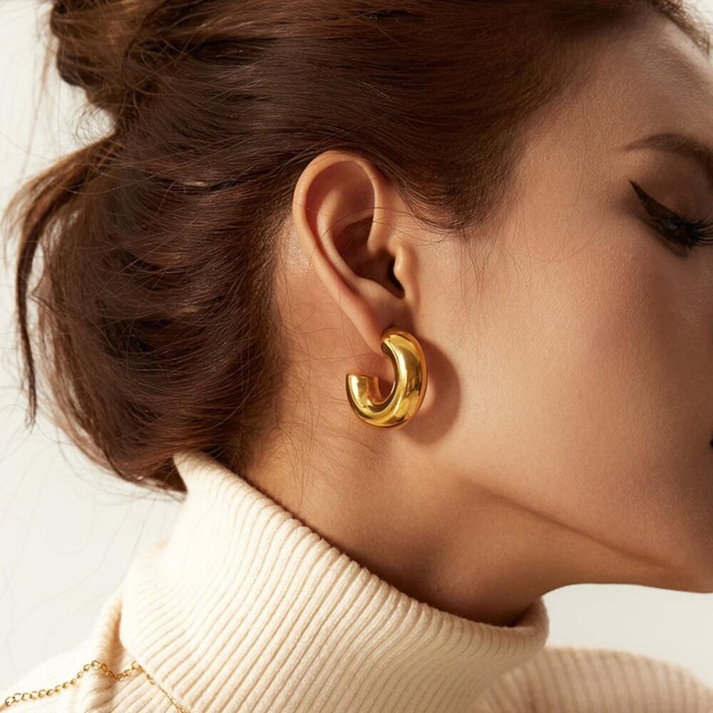 Chunky Gold Hoop Earrings for Women 14K Plated Waterdrop Dainty Jewelry - Picture 5 of 7